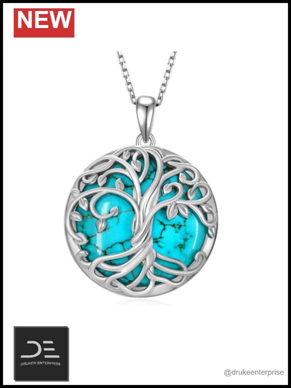 Genuine Turquoise Tree of Life Pendant Necklace 925 Sterling Silver Minimalist